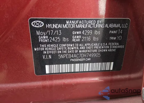 2013 Hyundai Sonata Gls z USA, uszkodzony, nr VIN 5NPEB4AC7DH749905